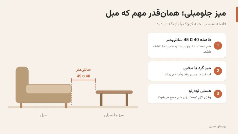 فاصله مناسب میز جلومبلی تا مبل در خانه کوچک